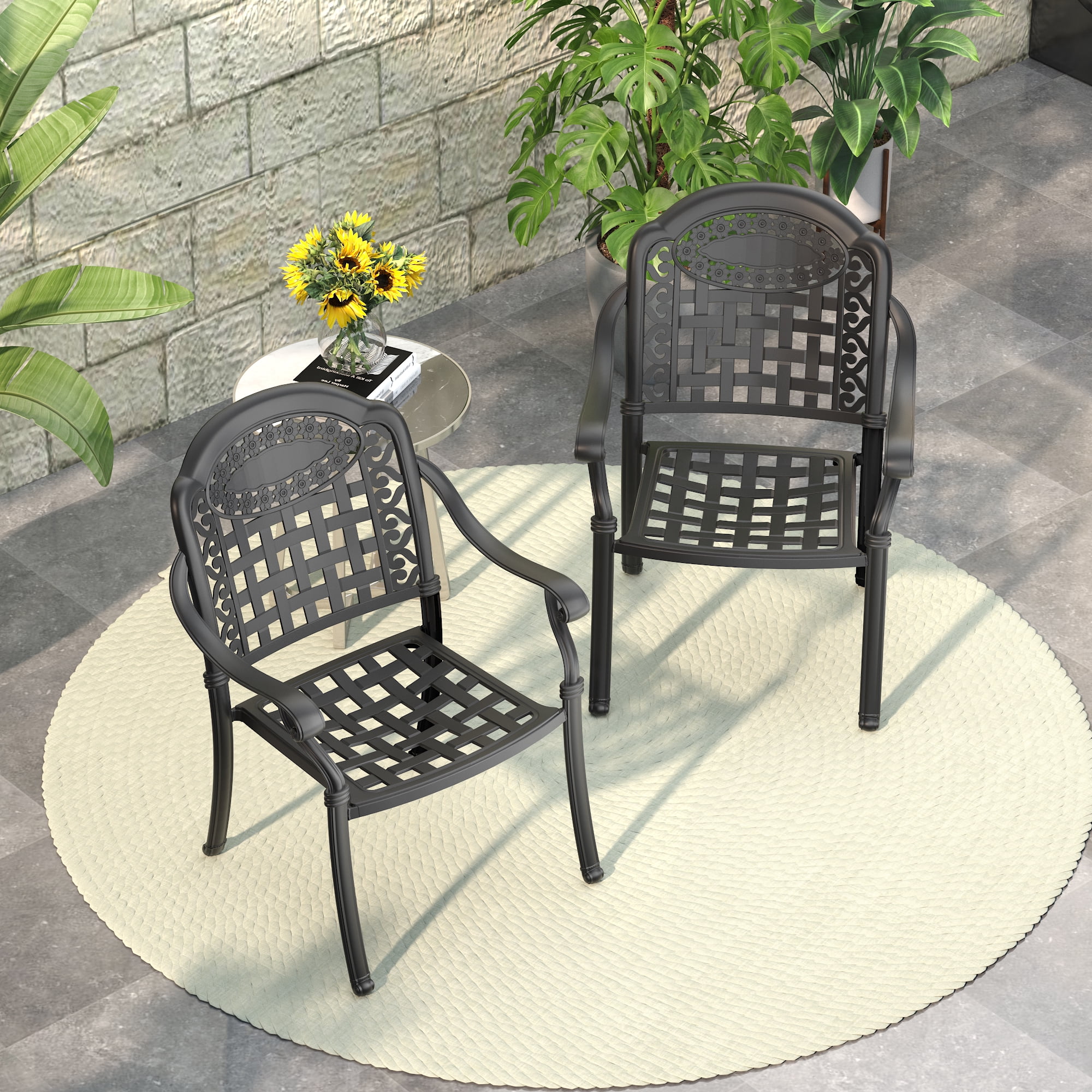 Matte Black Cast Aluminum Dining Armchairs with Blue Cushions