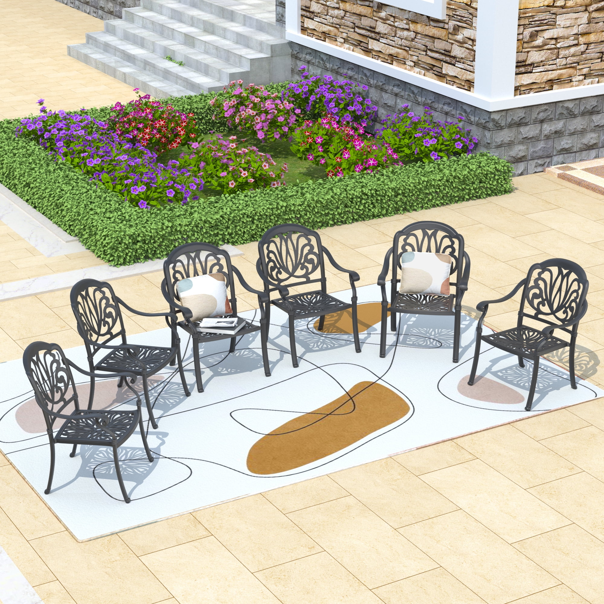 Matte Black Cast Aluminum Dining Chairs with Cushions, Set of 6