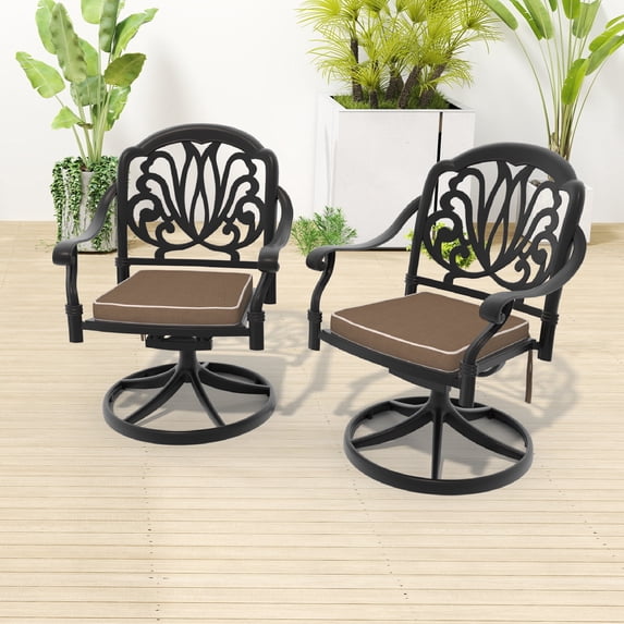 Hzzkey Outdoor Cast Aluminum Swivel Chair, 360° Swivel Function, Brown Color Cushion-Set of 2