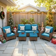 Hzzkey Patio Furniture Set, 5 Pieces Outdoor Sectional Sofa Set, All-Weather Wicker Rattan High Back Patio Conversation Set with Ottoman for Poolside, Backyard, 4.33" Thick Cushions, Peacock Blue