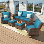 Hzzkey Patio Furniture Set, 5 Pieces Outdoor Sectional Sofa Set, All-Weather Wicker Rattan High Back Patio Conversation Set with Ottoman for Poolside, Backyard, 4.33" Thick Cushions, Peacock Blue