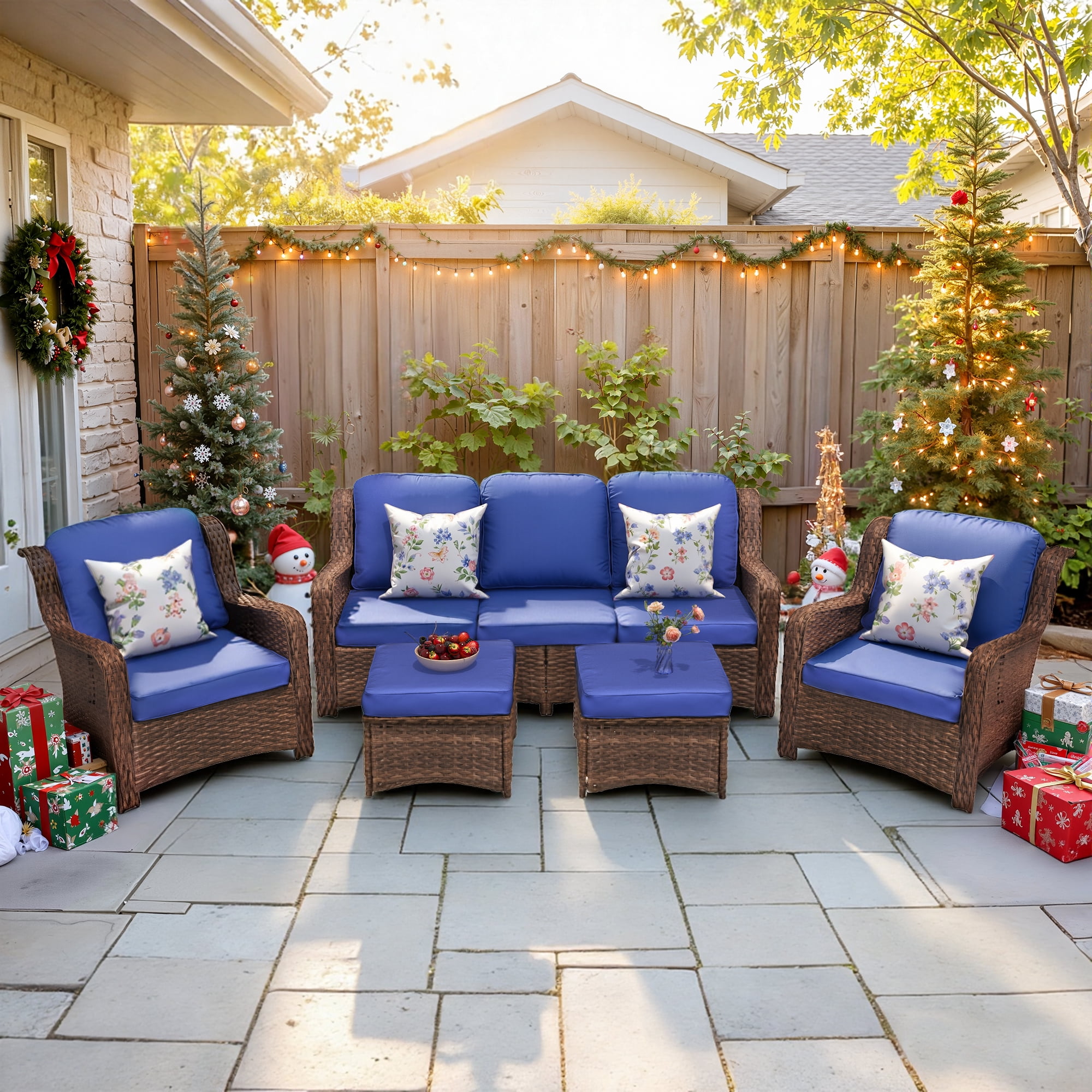 Hzzkey Patio Furniture Set, 5 Pieces Outdoor Sectional Sofa Set, All-Weather Wicker Rattan High Back Patio Conversation Set with Ottoman for Poolside, Backyard, 4.33" Thick Cushions, Navy Blue