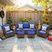 Hzzkey Patio Furniture Set, 5 Pieces Outdoor Sectional Sofa Set, All-Weather Wicker Rattan High Back Patio Conversation Set with Ottoman for Poolside, Backyard, 4.33" Thick Cushions, Navy Blue