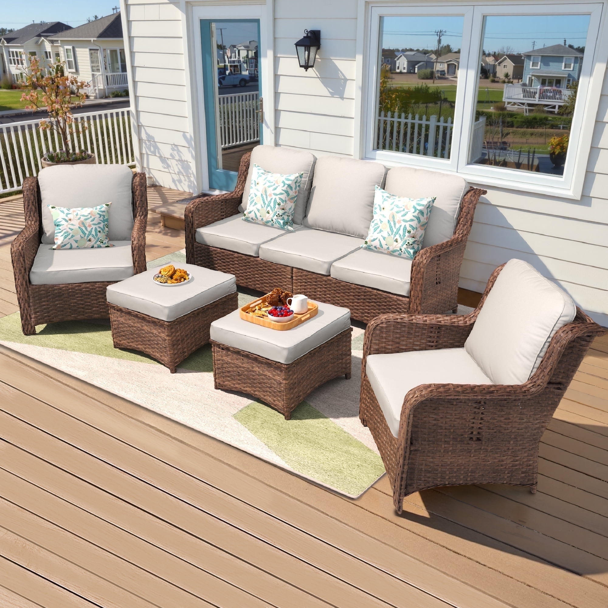 Hzzkey Patio Furniture Set, 5 Pieces Outdoor Sectional Sofa Set, All-Weather Wicker Rattan High Back Patio Conversation Set with Ottoman for Poolside, Backyard, 4.33" Thick Cushions, White