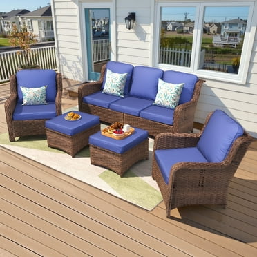 Hzzkey Patio Furniture Set, 5 Pieces Outdoor Sectional Sofa Set, All-Weather Wicker Rattan High Back Patio Conversation Set with Ottoman for Poolside, Backyard, 4.33" Thick Cushions, Navy Blue