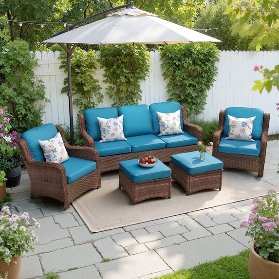 Hzzkey 5-Piece Outdoor Rattan Conversation Set, Sofa, Chairs, Ottoman, Peacock Blue Cushions