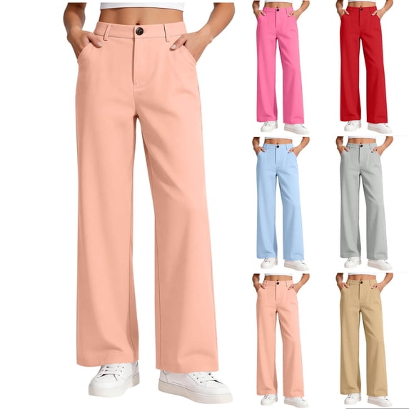 Hzzrkos Big Girls Casual Solid Color High Waist Loose Straight Long Wide Leg Trousers With Pockets for School Daily Work Business Occasions