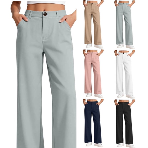 Hzzrkos Big Girls Casual Solid Color High Waist Loose Straight Long Wide Leg Trousers With Pockets for School Daily Work Business Occasions