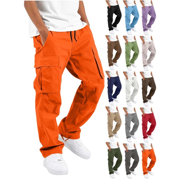 Hzzrkos Boys Casual Loose Solid Color High Waist Patch Pocket Straight Long Cargo Pants for Daily Outdoor Wear Orange 14-15Years