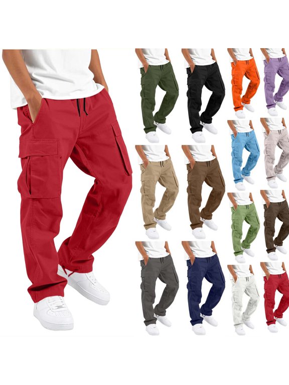 Boys Casual Loose Solid Color High Waist Patch Pocket Straight Long Cargo Pants for Daily Outdoor Wear Red 14-15Years