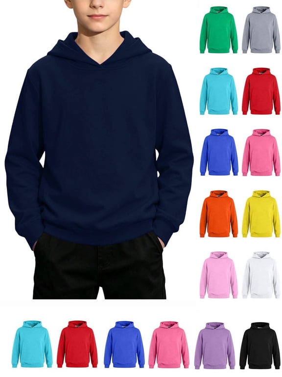 Boys Casual Loose Solid Color Hooded Long Sleeve Pullover Sweatshirt Kangaroo Pocket Ribbed Trim Hoodie Top Athletic Streetwear Sweatshirt Outerwear Dark Blue