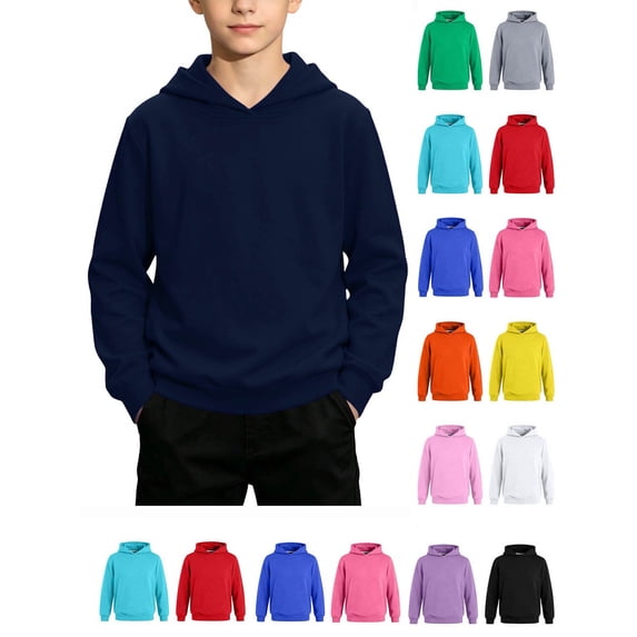 Hzzrkos Boys Casual Loose Solid Color Hooded Long Sleeve Pullover Sweatshirt Kangaroo Pocket Ribbed Trim Hoodie Top Athletic Streetwear Sweatshirt Outerwear Dark Blue