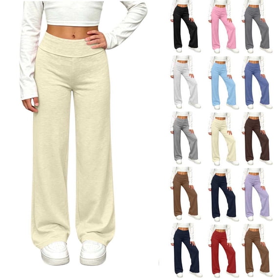 Hzzrkos Girls Casual Athletic Solid Color Elastic Waist Loose Straight Wide Leg Long Pants Trousers With Pockets for Girls Daily Workout Loungewear Outfit Army Green
