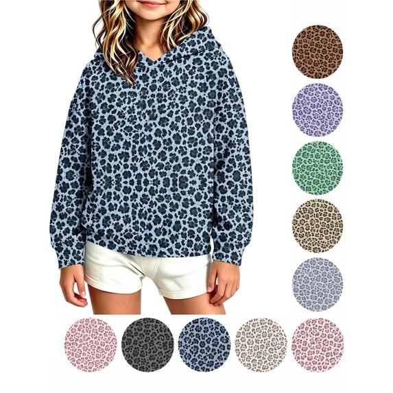 Hzzrkos Girls Casual Loose Leopard Print Hooded Long Sleeve Kangaroo Pocket Pullover Sweatshirt Fashion Hoodie Top Cozy Everyday Outdoor Sweatshirt Outerwear Navy