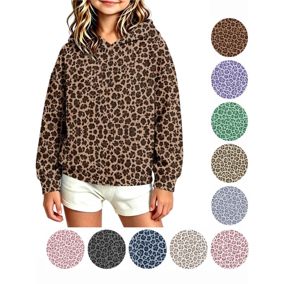 Hzzrkos Girls Casual Loose Leopard Print Hooded Long Sleeve Kangaroo Pocket Pullover Sweatshirt Fashion Hoodie Top Cozy Everyday Outdoor Sweatshirt Outerwear Coffee