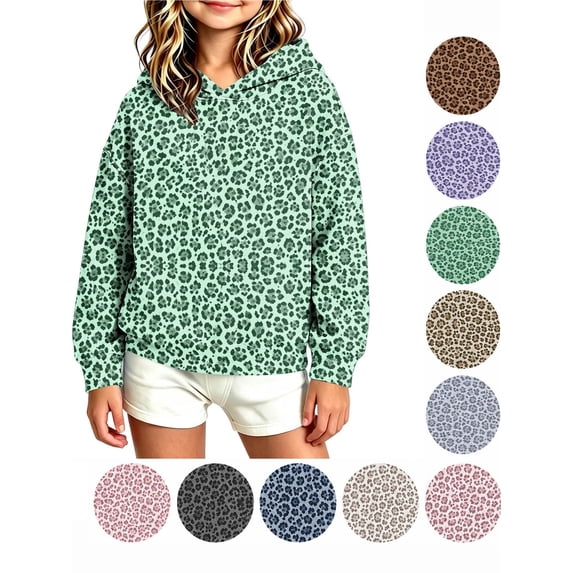 Hzzrkos Girls Casual Loose Leopard Print Hooded Long Sleeve Kangaroo Pocket Pullover Sweatshirt Fashion Hoodie Top Cozy Everyday Outdoor Sweatshirt Outerwear Green