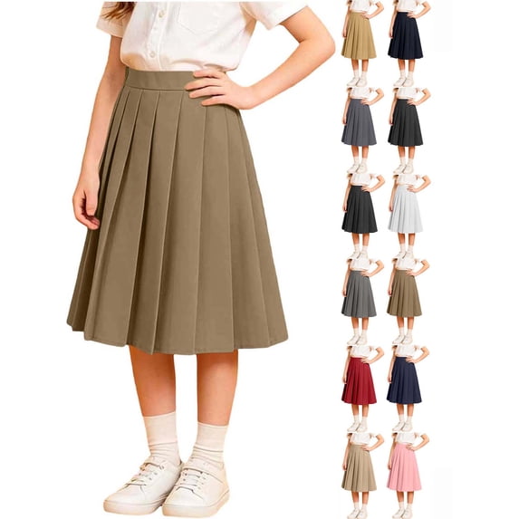 Hzzrkos Girls Casual Loose Solid Color High Waist Pleated A Line Mid Length School Uniform Skirt Academic Style Elastic Waist Swing Skirt Brown