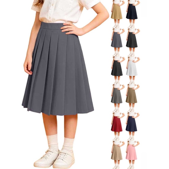 Hzzrkos Girls Casual Loose Solid Color High Waist Pleated A Line Mid Length School Uniform Skirt Academic Style Elastic Waist Swing Skirt Gray