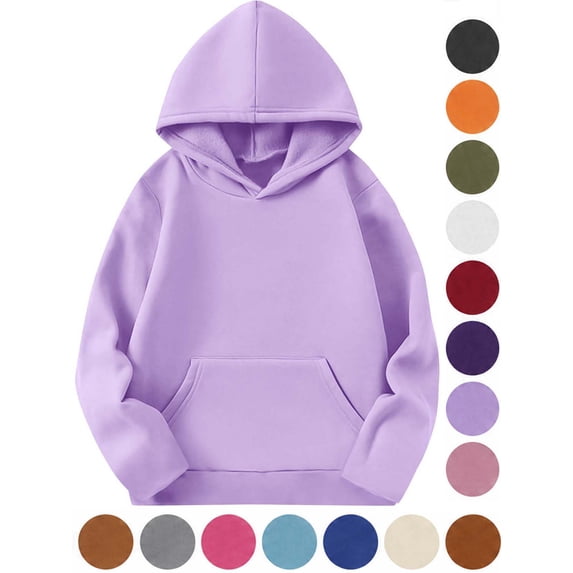 Hzzrkos Girls Casual Loose Solid Color Hooded Long Sleeve Fleece Pocket Pullover Sweatshirt Tops Oversized Hoodie Pullover Cozy Everyday Fashion Outerwear Purple