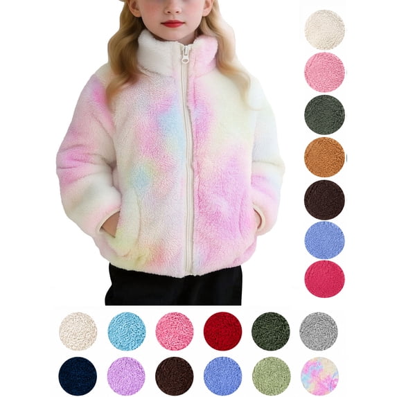 Hzzrkos Girls Casual Loose Solid Color Long Sleeve Stand Collar Full Zip Side Pocket Fleece Jacket Outerwear Coat Multicolor