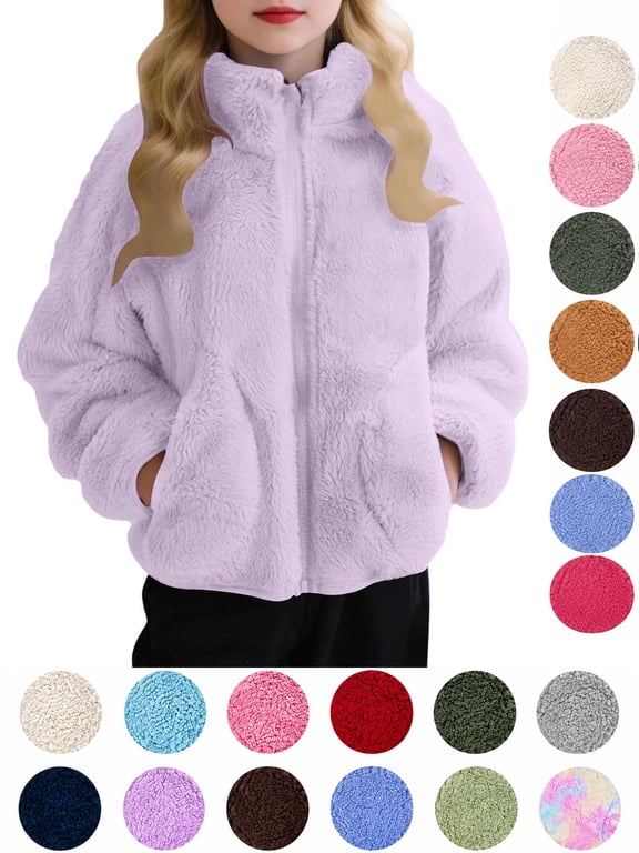 Girls Casual Loose Solid Color Long Sleeve Stand Collar Full Zip Side Pocket Fleece Jacket Outerwear Coat Purple