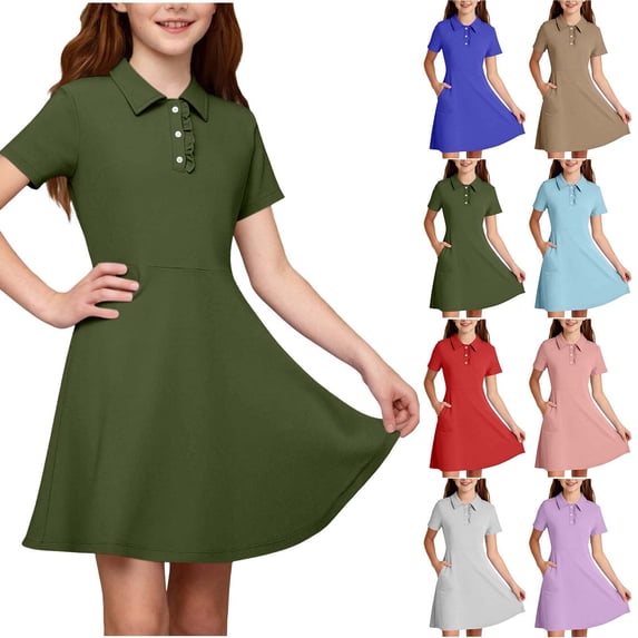 Hzzrkos Girls Casual Loose Solid Color Polo Neck Short Sleeve Patch Pocket Swing Mini Dress Army Green