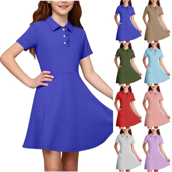Hzzrkos Girls Casual Loose Solid Color Polo Neck Short Sleeve Patch Pocket Swing Mini Dress Blue