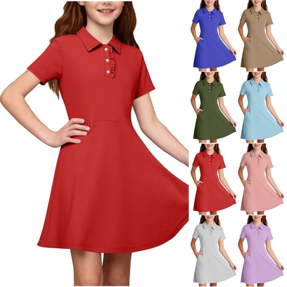 Hzzrkos Girls Casual Loose Solid Color Polo Neck Short Sleeve Patch Pocket Swing Mini Dress Red