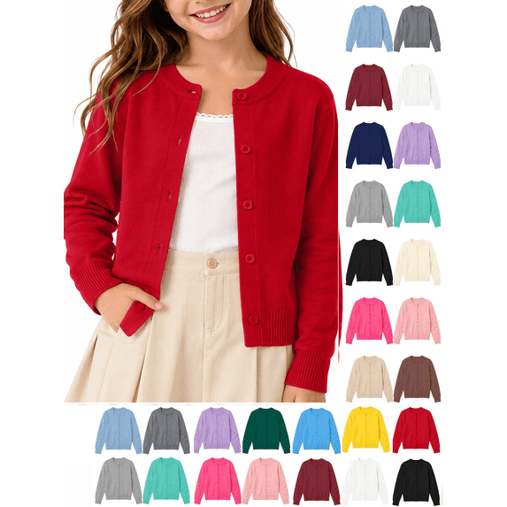 Hzzrkos Girls Casual Loose Solid Color Round Neck Long Sleeve Button Front Knit Cardigan Sweater Lightweight Soft Open Front Outerwear Jacket School Wear Coat Red