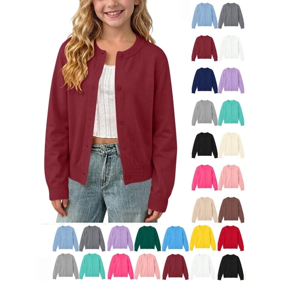 Hzzrkos Girls Casual Loose Solid Color Round Neck Long Sleeve Button Front Knit Cardigan Sweater Lightweight Soft Open Front Outerwear Jacket School Wear Coat Wine