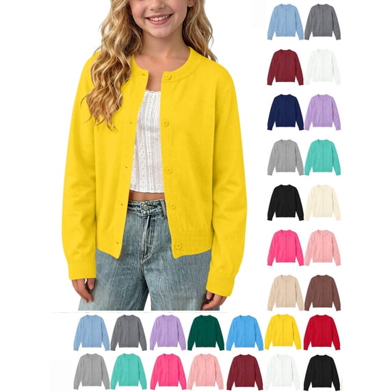 Hzzrkos Girls Casual Loose Solid Color Round Neck Long Sleeve Button Front Knit Cardigan Sweater Lightweight Soft Open Front Outerwear Jacket School Wear Coat Yellow