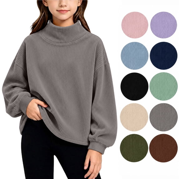 Hzzrkos Girls Corduroy Mock Neck Sweatshirt Long Sleeve Casual Pullover Tunic Top Soft Textured Shirt with Side Slit Hem Relaxed Daily School Travel Wear Gray