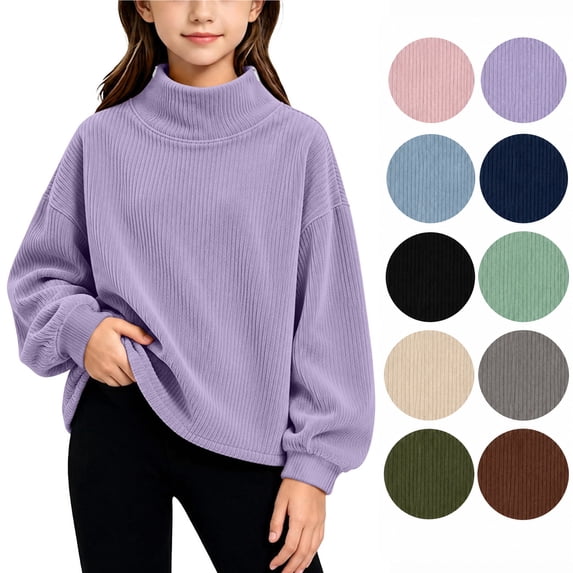 Hzzrkos Girls Corduroy Mock Neck Sweatshirt Long Sleeve Casual Pullover Tunic Top Soft Textured Shirt with Side Slit Hem Relaxed Daily School Travel Wear Purple