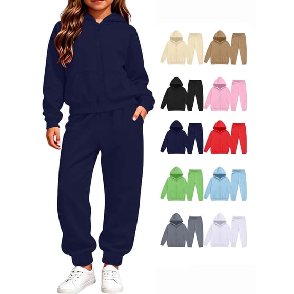 Hzzrkos Kids Casual Loose Solid Color Long Sleeve Hooded Zip Up Sweatshirt Jogger Pants Tracksuit Set Drawstring Active Outfit Lounge Set for Daily Wear Blue
