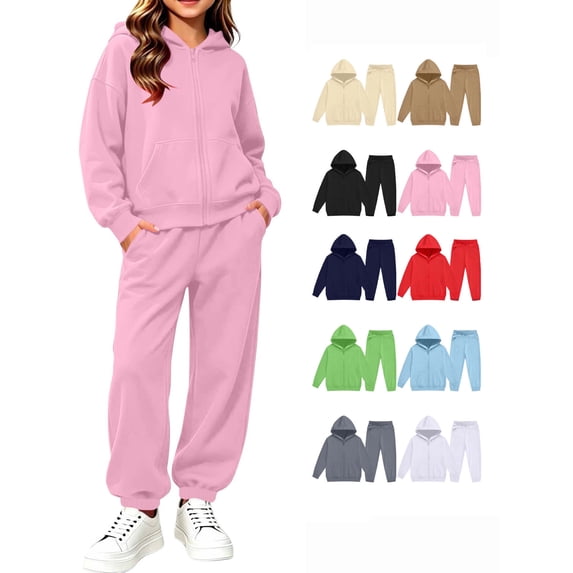 Hzzrkos Kids Casual Loose Solid Color Long Sleeve Hooded Zip Up Sweatshirt Jogger Pants Tracksuit Set Drawstring Active Outfit Lounge Set for Daily Wear Pink
