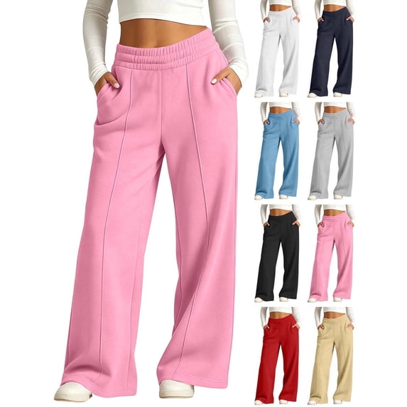 Hzzrkos Kids Fleece Lined Sweatpants Wide Leg Lounge Pants with Pockets Elastic Waist Warm Casual Jogger Pants Soft Loose Athletic Sweatpants for Boys Girls Pink