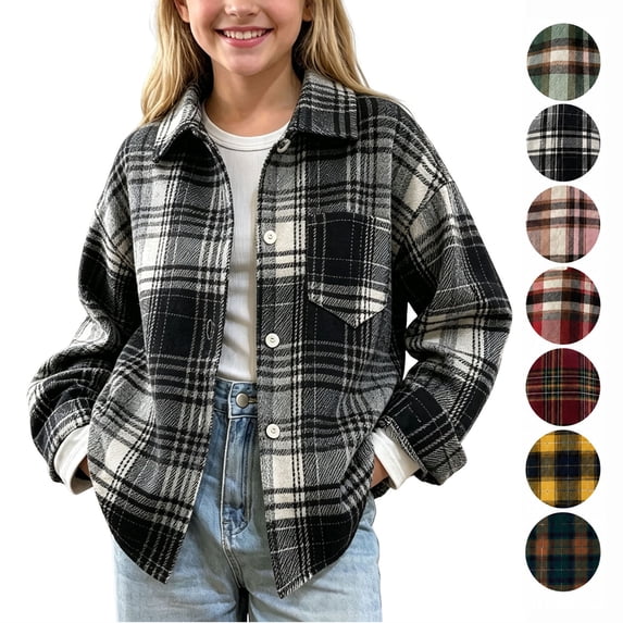 Hzzrkos Kids Plaid Shirt Jacket for Boys and Girls, Button Down Long Sleeve Flannel Shacket, Collared Casual Lightweight Outerwear, Everyday Layering Overshirt Black