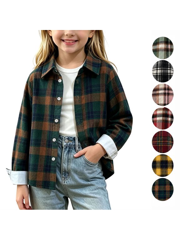 Kids Plaid Shirt Jacket for Boys and Girls, Button Down Long Sleeve Flannel Shacket, Collared Casual Lightweight Outerwear, Everyday Layering Overshirt Multicolor