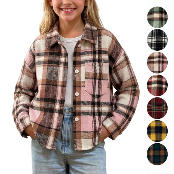 Hzzrkos Kids Plaid Shirt Jacket for Boys and Girls, Button Down Long Sleeve Flannel Shacket, Collared Casual Lightweight Outerwear, Everyday Layering Overshirt Pink