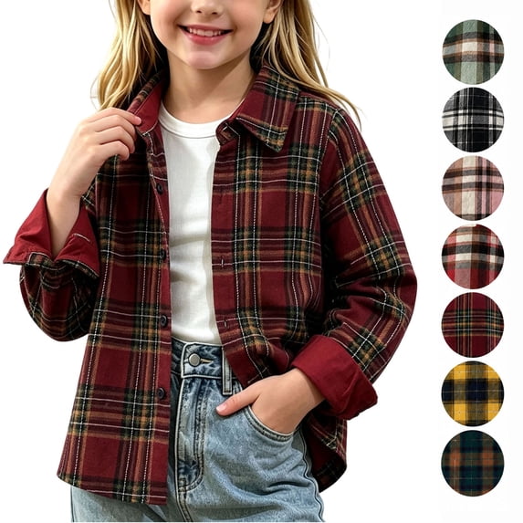 Hzzrkos Kids Plaid Shirt Jacket for Boys and Girls, Button Down Long Sleeve Flannel Shacket, Collared Casual Lightweight Outerwear, Everyday Layering Overshirt Wine