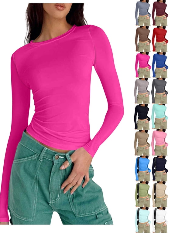 Long Sleeve Shirts for Women Solid Color Round Neck Tops Slim Comfortable Lightweight Underscrub Blouse Casual Layering Pullover Tees Hot Pink