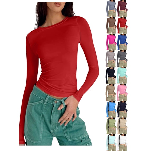 Hzzrkos Long Sleeve Shirts for Women Solid Color Round Neck Tops Slim Comfortable Lightweight Underscrub Blouse Casual Layering Pullover Tees Red