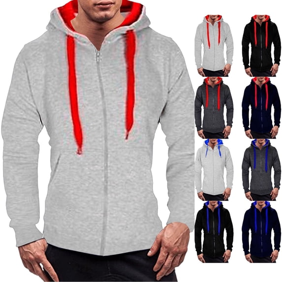Hzzrkos Men Athletic Casual Slim Solid Color Hooded Long Sleeve Drawstring Contrast Pullover Hoodie Sweatshirt Top