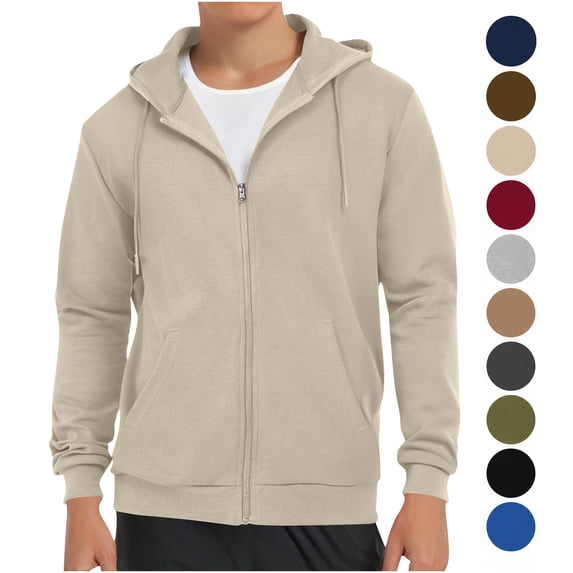 Hzzrkos Men Athletic Relaxed Solid Color Hooded Long Sleeve Full Zip Drawstring Patch Pocket Drop Shoulder Sweatshirt Hoodie Jacket Beige