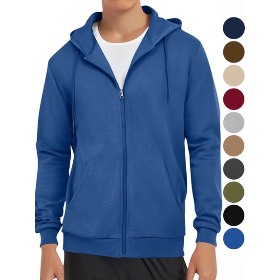 Hzzrkos Men Athletic Relaxed Solid Color Hooded Long Sleeve Full Zip Drawstring Patch Pocket Drop Shoulder Sweatshirt Hoodie Jacket Blue
