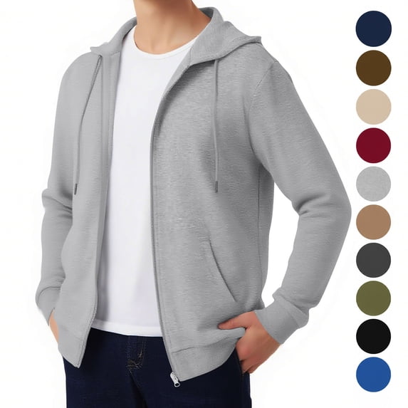 Hzzrkos Men Athletic Relaxed Solid Color Hooded Long Sleeve Full Zip Drawstring Patch Pocket Drop Shoulder Sweatshirt Hoodie Jacket Gray