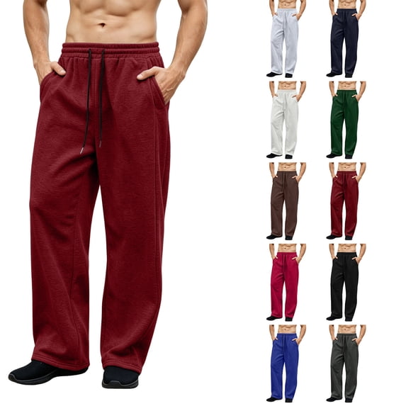 Hzzrkos Men Casual Loose Solid Color Elastic Waist Long Straight Leg Pants With Side Pockets for Daily Wear