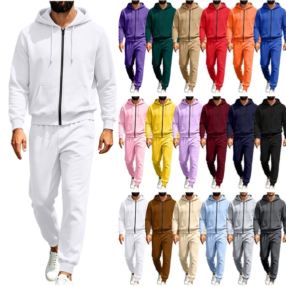 Hzzrkos Men Casual Loose Solid Color Hooded Long Sleeve Full Zip 2 Piece Jogger Tracksuit Sweatsuit Set