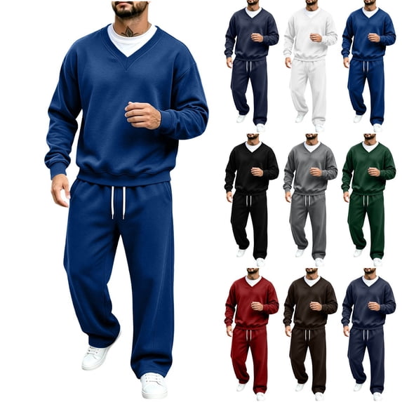 Hzzrkos Men Casual Loose Solid Color V Neck Long Sleeve Pullover Two Piece Matching Outfit Sets, Soft Athletic Tracksuit for Daily Indoor Outdoor Leisure Wear