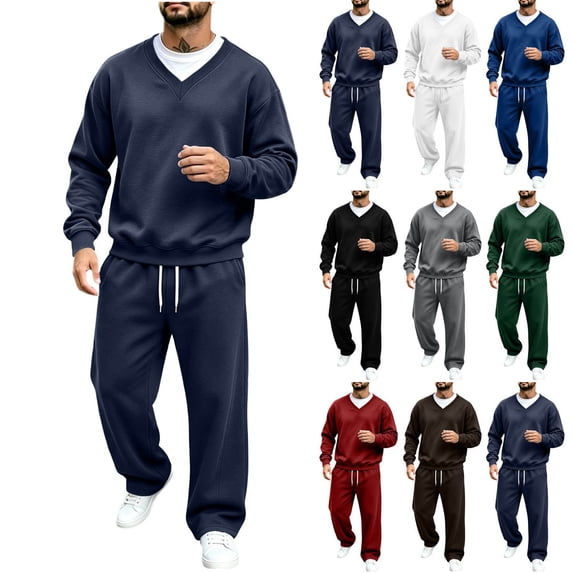Hzzrkos Men Casual Loose Solid Color V Neck Long Sleeve Pullover Two Piece Matching Outfit Sets, Soft Athletic Tracksuit for Daily Indoor Outdoor Leisure Wear